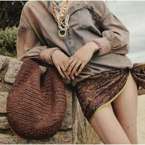Free People Sintra Straw Tote Shoulder Handbag Chocolate NWT